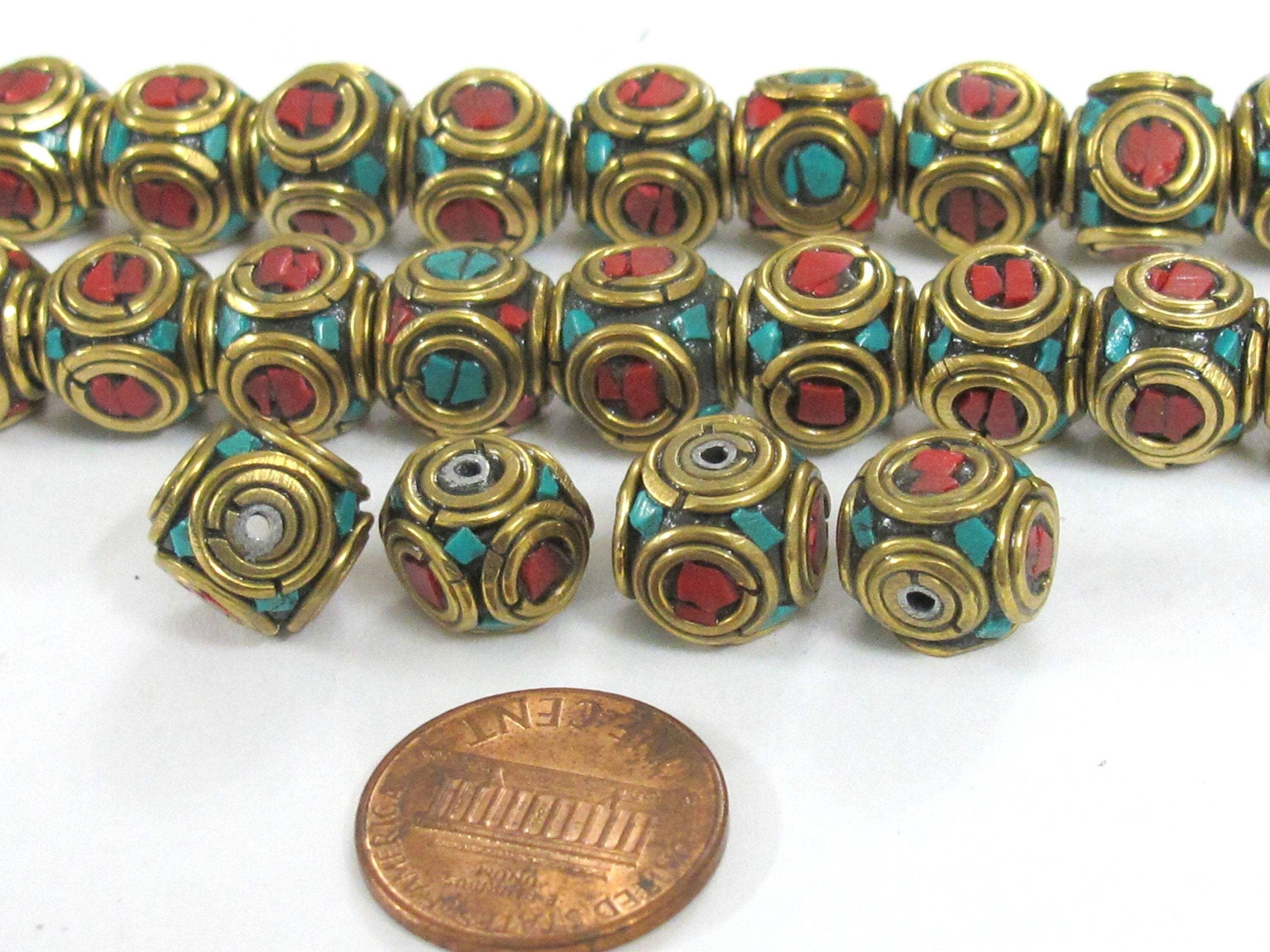 2 Beads Ethnic nepal beads Tibetan beads Nepalese Brass cube shape beads with turquoise inlaid circles - BD992