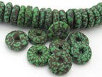 10 BEADS - Camouflage Jungle Green African recycled glass donut shape disc beads - AB021