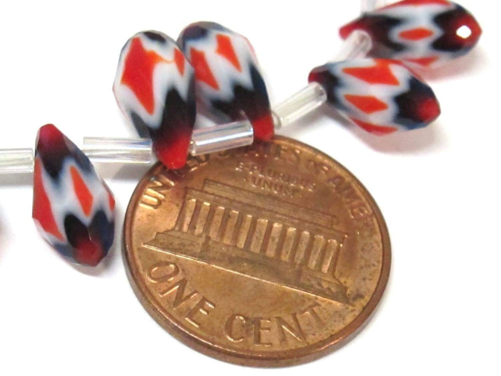 1 strand - 14 inches long - Faceted teardrop shape orange white color chevron design shiny crystal glass beads - AB060