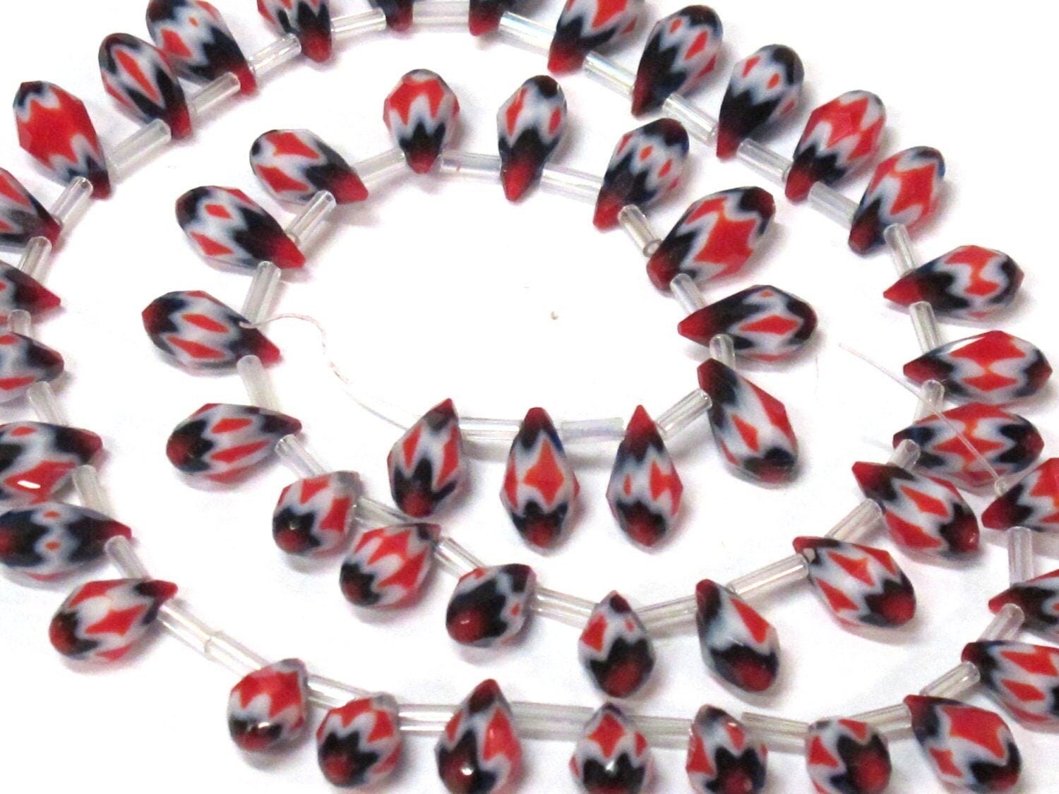 1 strand - 14 inches long - Faceted teardrop shape orange white color chevron design shiny crystal glass beads - AB060