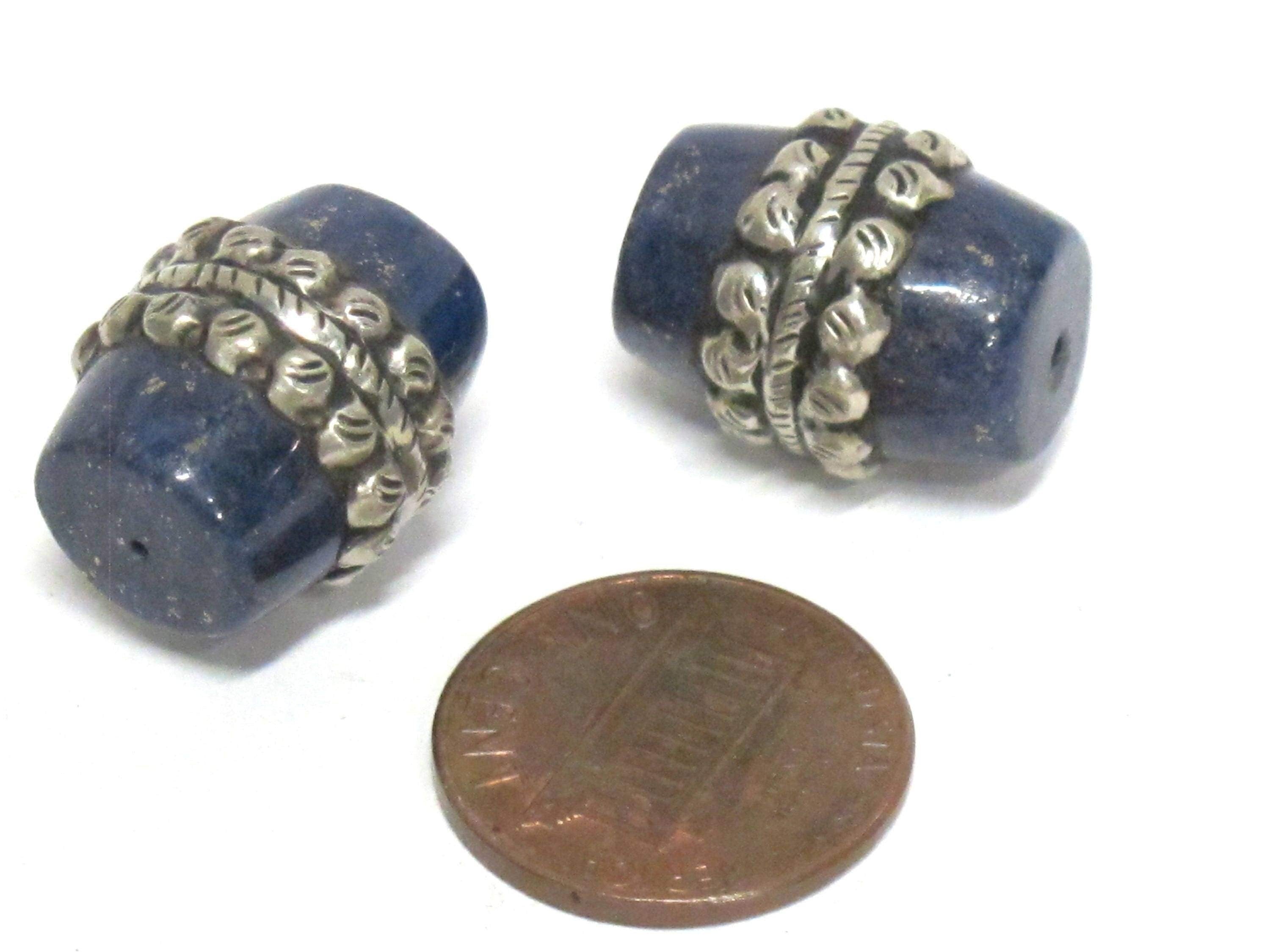 1 Bead - Tibetan silver color encased lapis lazuli gemstone bead from Nepal - BD453B