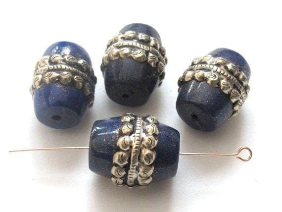 1 Bead - Tibetan silver color encased lapis lazuli gemstone bead from Nepal - BD453B