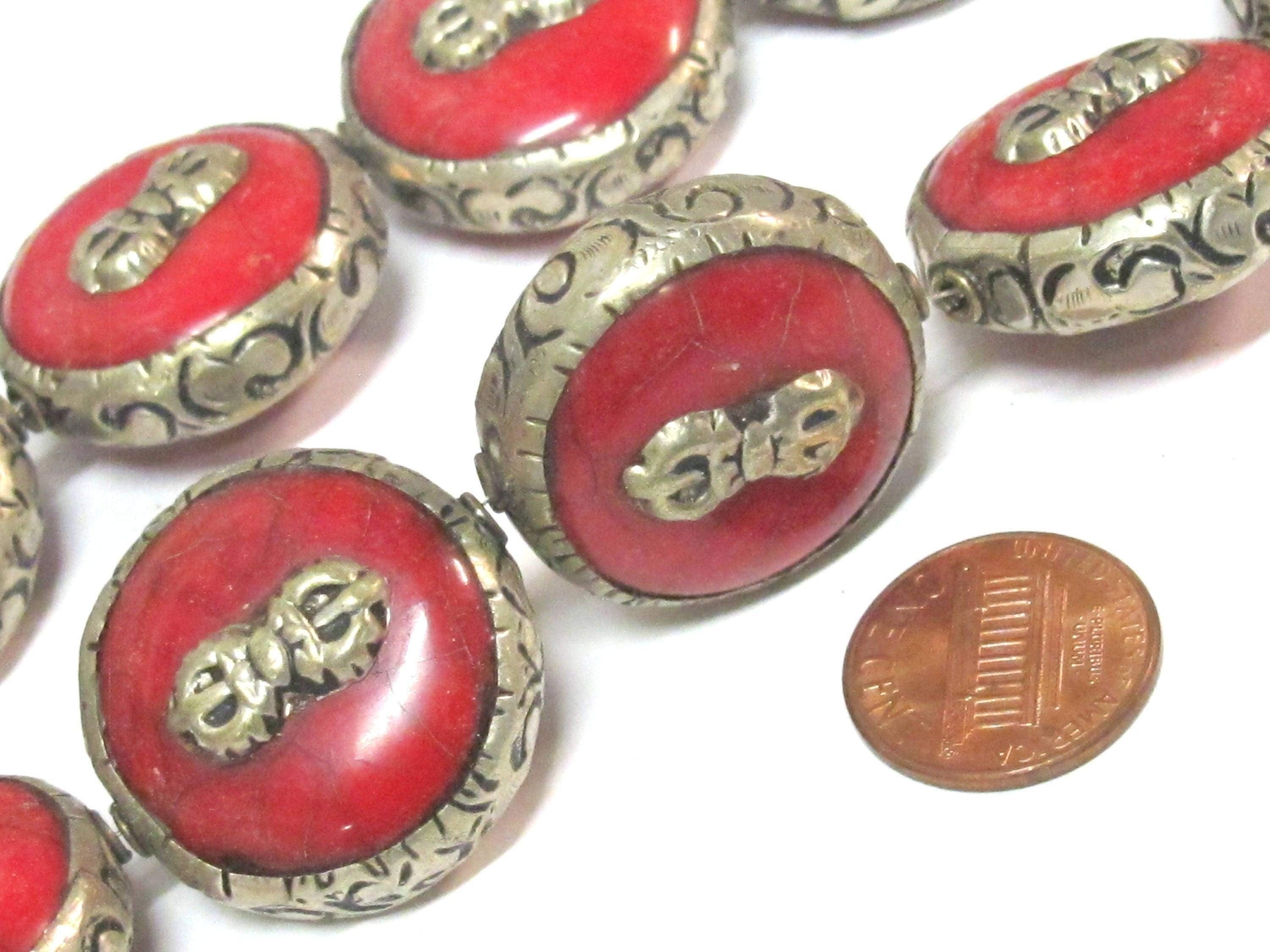 1 Bead - Reversible Large size Tibetan silver encased red crackle resin dorje vajra symbol bead - BD524C