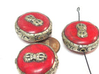 1 Bead - Reversible Large size Tibetan silver encased red crackle resin dorje vajra symbol bead - BD524C