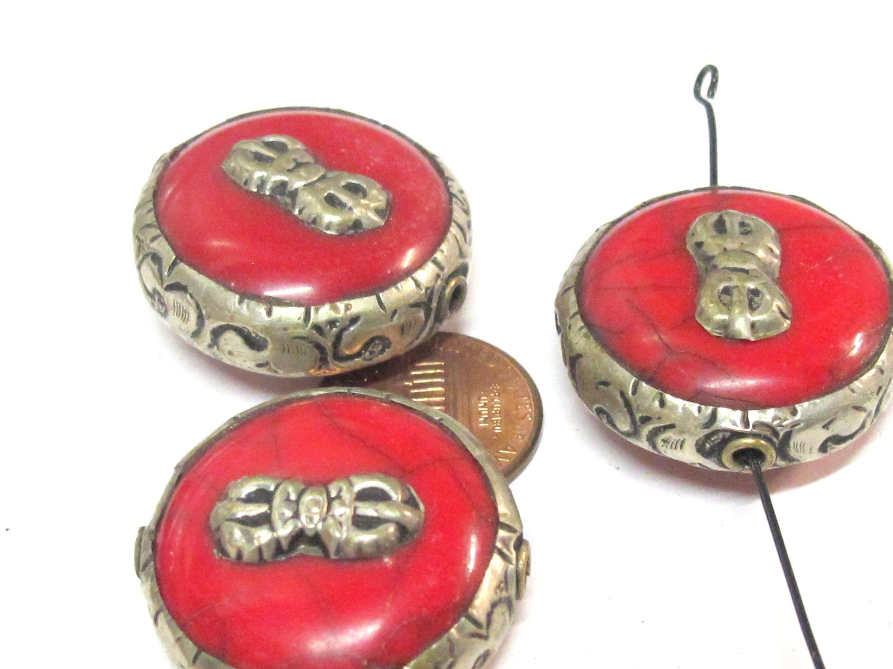 1 Bead - Reversible Large size Tibetan silver encased red crackle resin dorje vajra symbol bead - BD524C