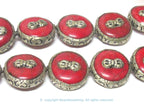 1 Bead - Reversible Large size Tibetan silver encased red crackle resin dorje vajra symbol bead - BD524C