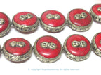 1 Bead - Reversible Large size Tibetan silver encased red crackle resin dorje vajra symbol bead - BD524C