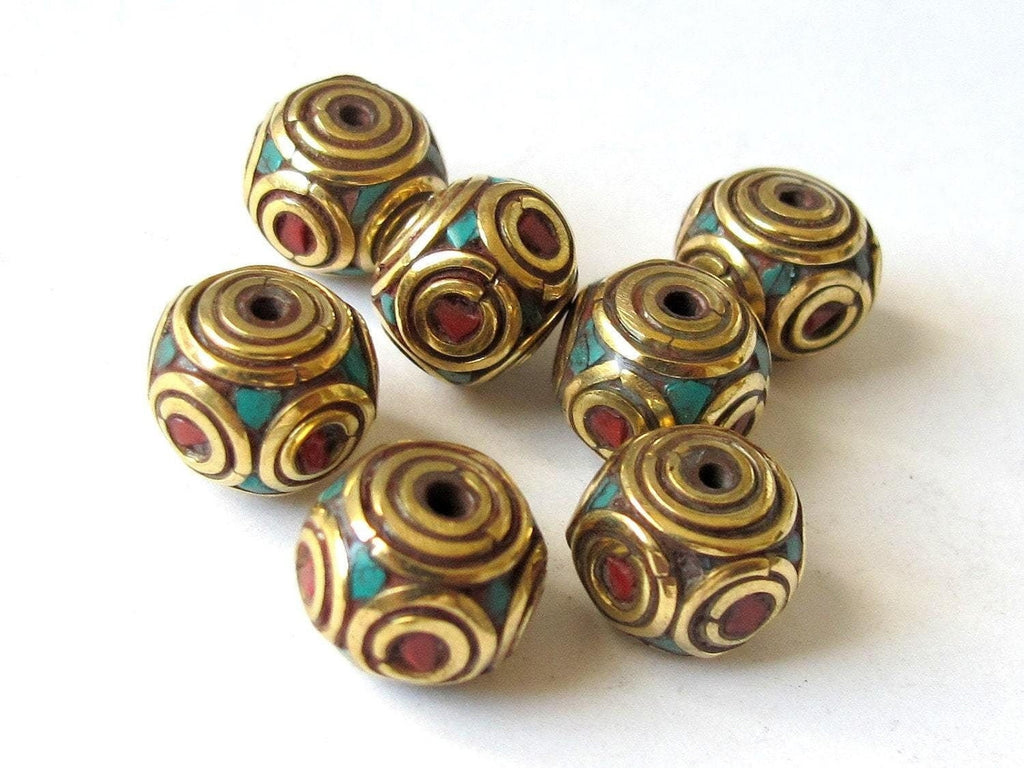 Nepalese Brass cube beads with turquoise coral circles - 2 beads - BD092