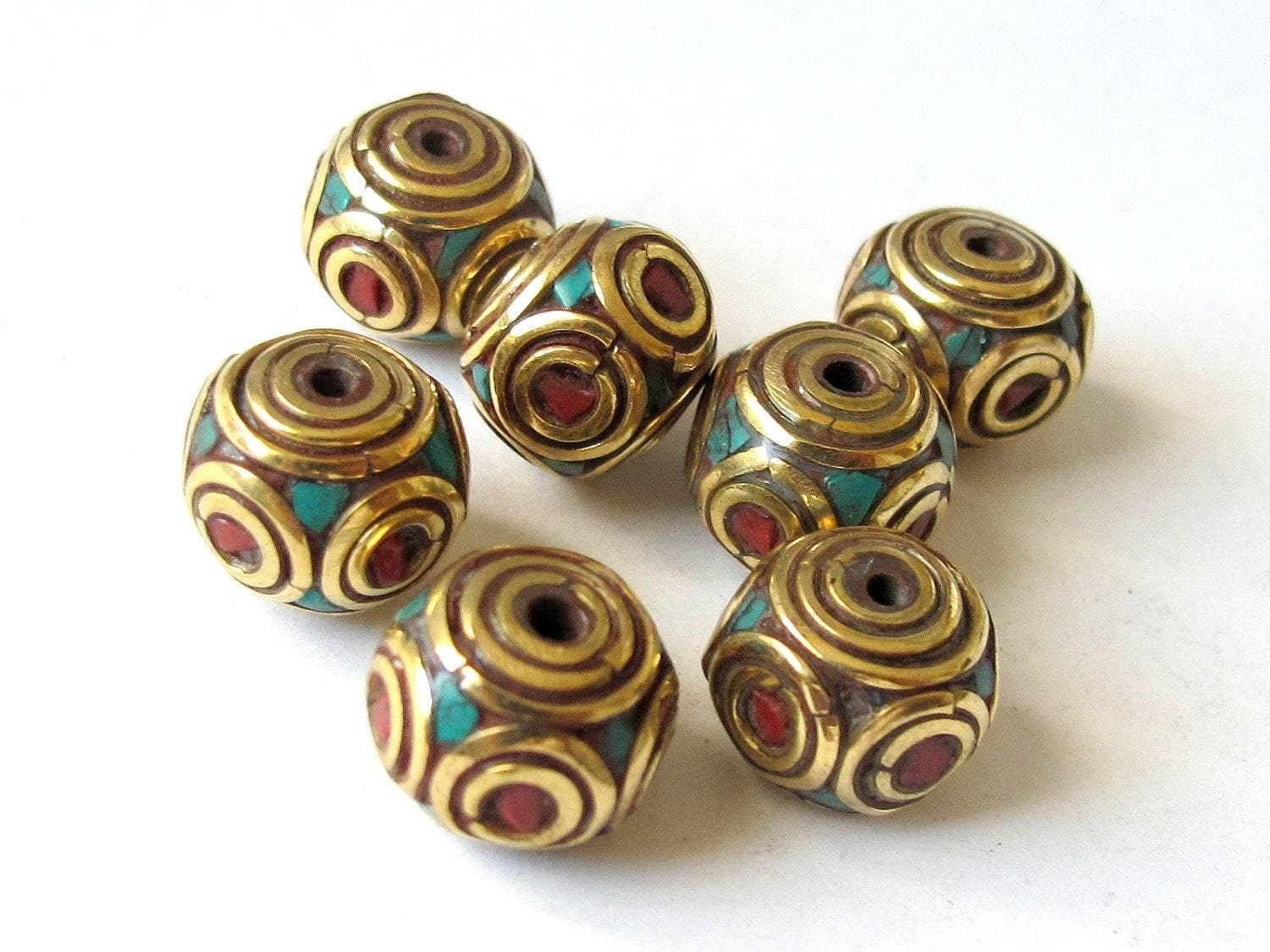 Nepalese Brass cube beads with turquoise coral circles - 2 beads - BD092