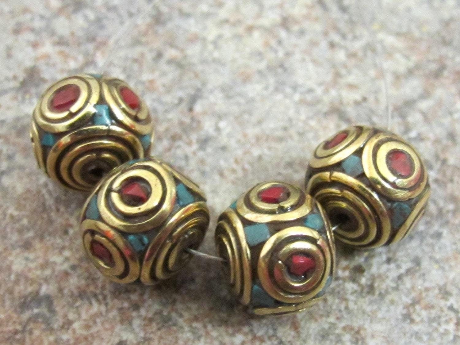 Nepalese Brass cube beads with turquoise coral circles - 2 beads - BD092