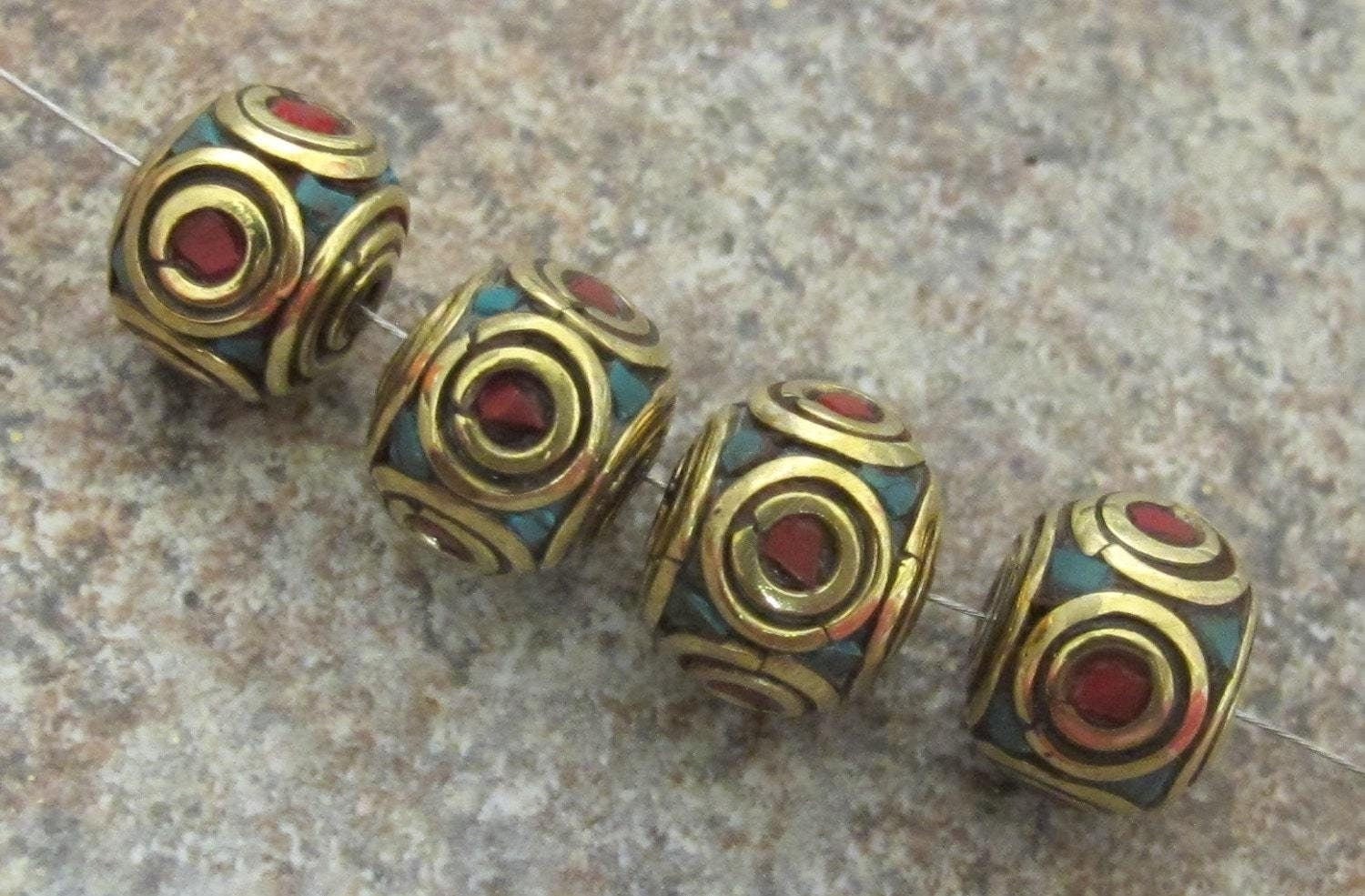 Nepalese Brass cube beads with turquoise coral circles - 2 beads - BD092