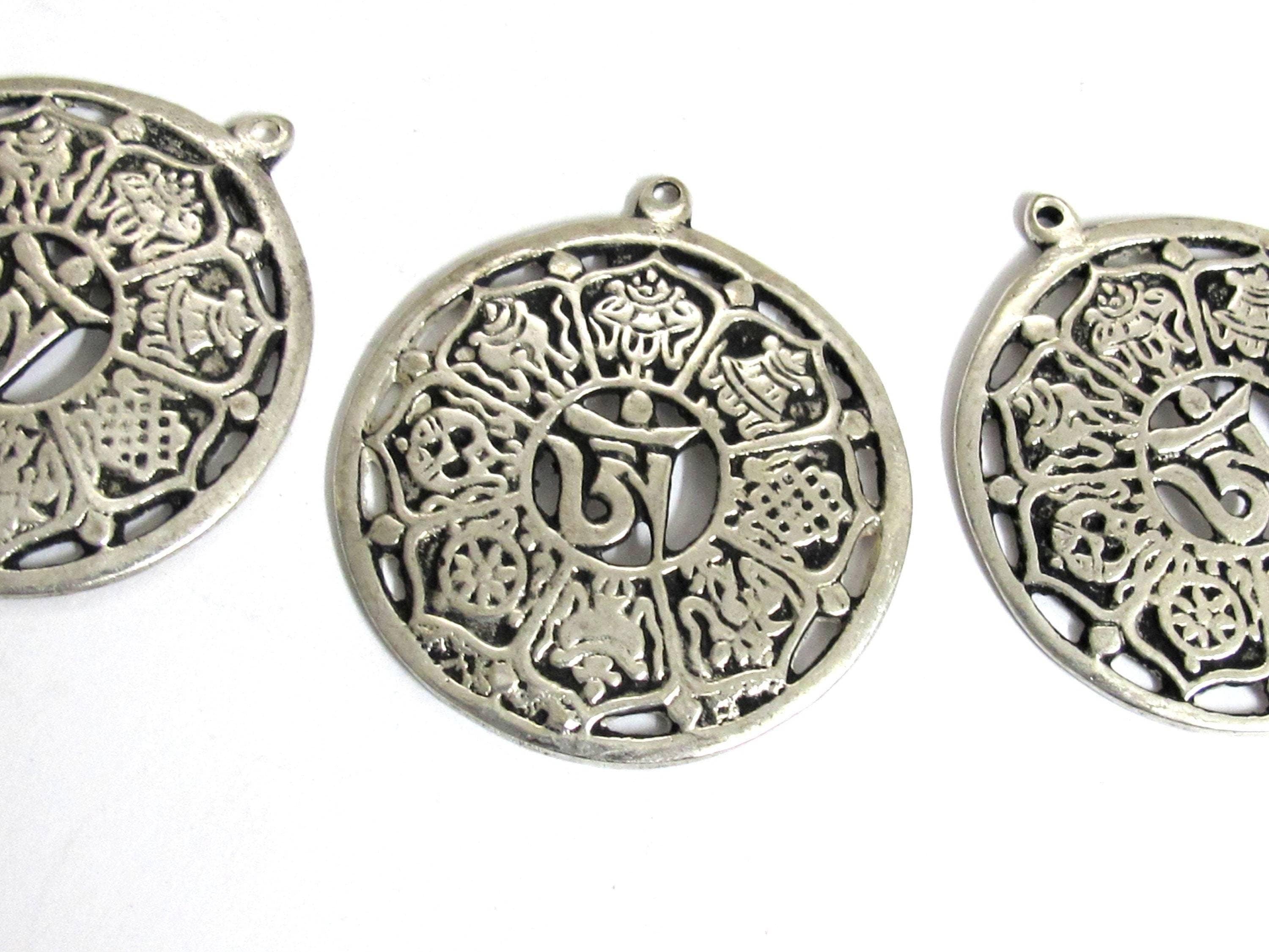 Tibetan ashtamangala auspicious symbols Om pendant Tibetan pendant antiqued silver finish ethnic Nepal supplies- CP060K