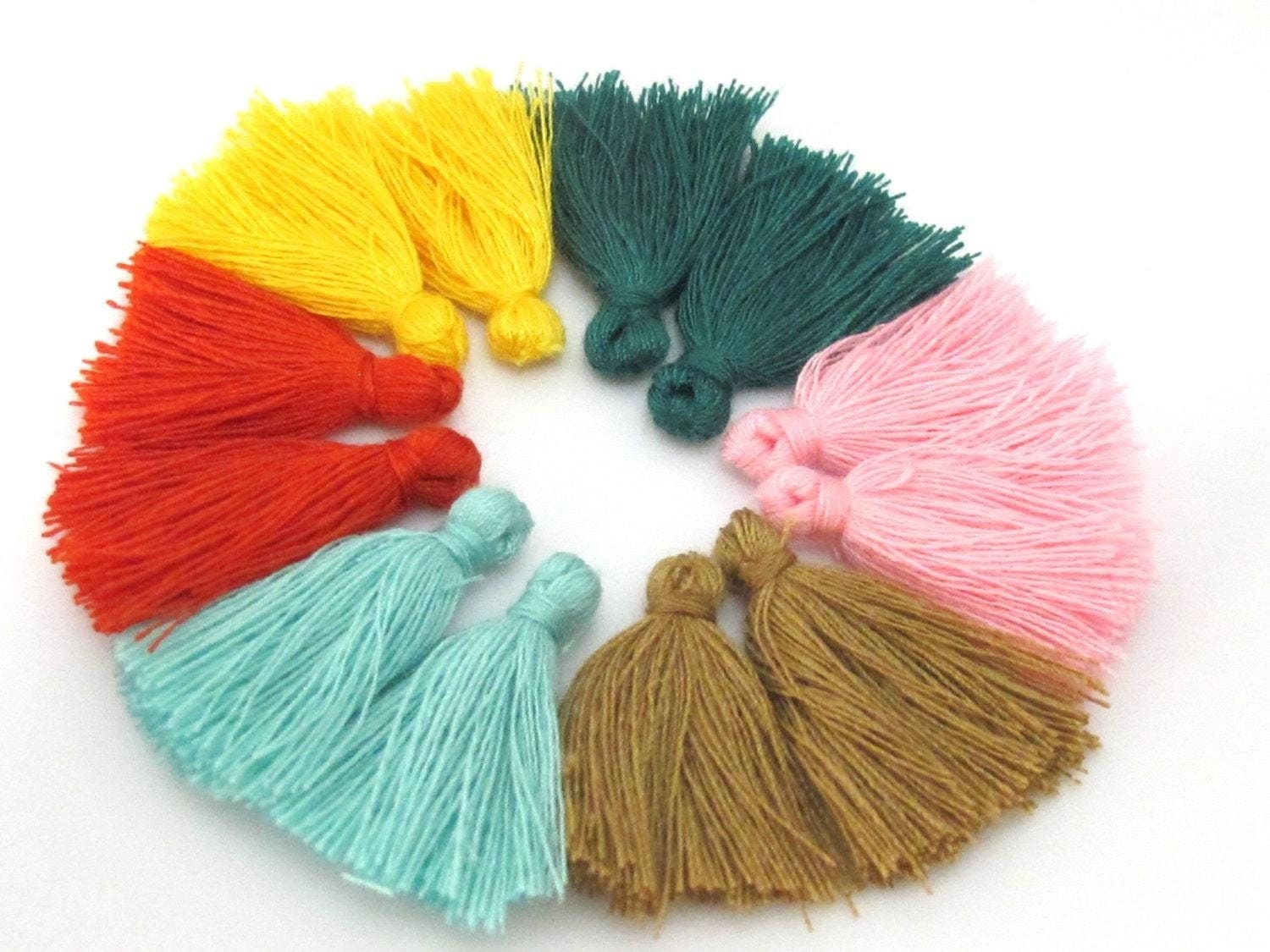 12 Pieces - 6 Pairs assorted colors - Small mini size silky tassel charms jewelry mala supply 1 inch - TS015