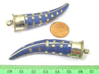 1 Pendant - Long Tibetan horn shape Brass pendant with lapis inlay and dotted brass inlay - PM407B