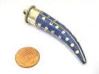 1 Pendant - Long Tibetan horn shape Brass pendant with lapis inlay and dotted brass inlay - PM407B