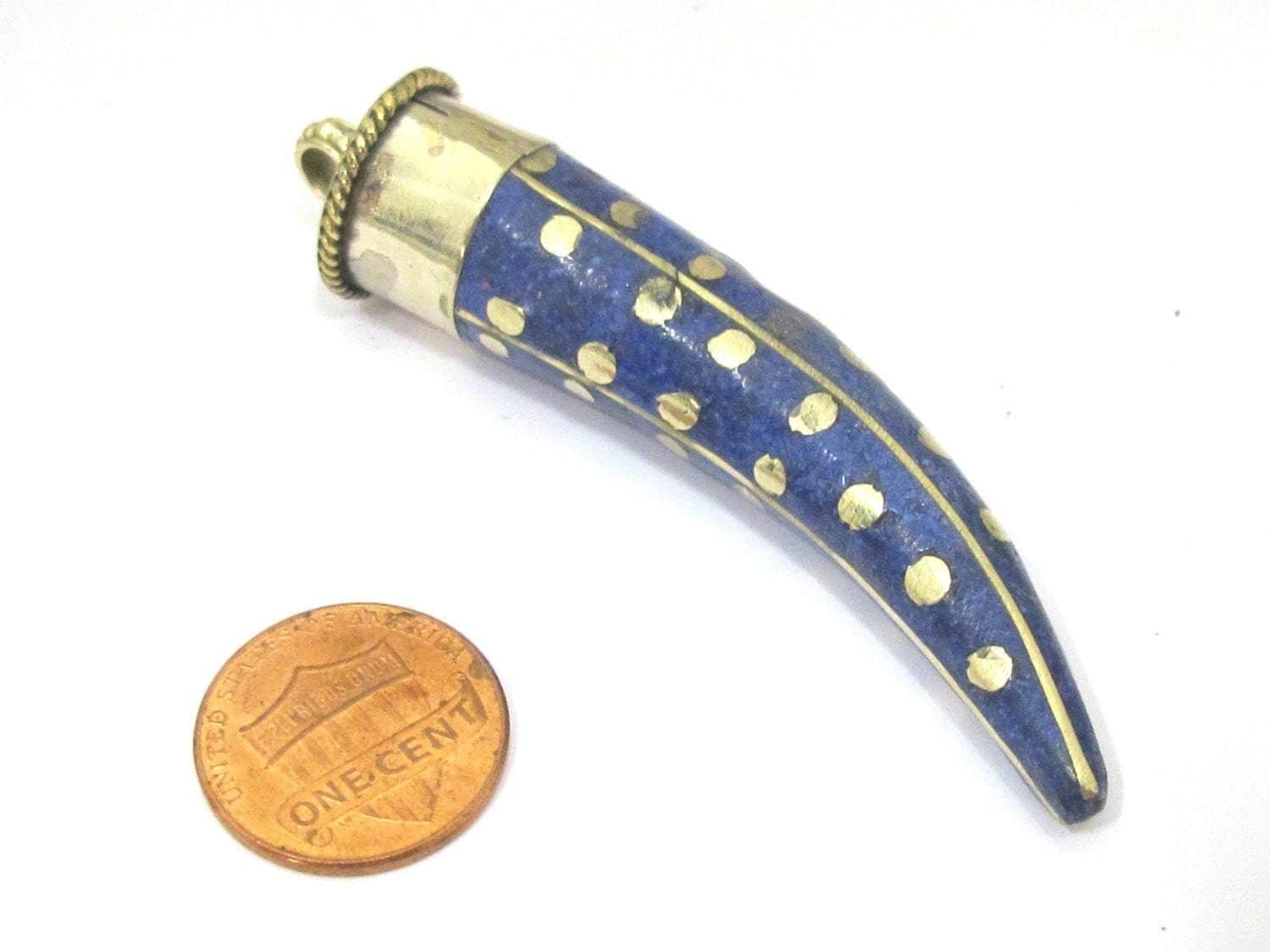1 Pendant - Long Tibetan horn shape Brass pendant with lapis inlay and dotted brass inlay - PM407B