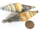 1 Pendant - Shell pendants Tibetan Nepal conical spiral shell pendant tibetan silver floral filigree wire capped bail shell pendant- SP066