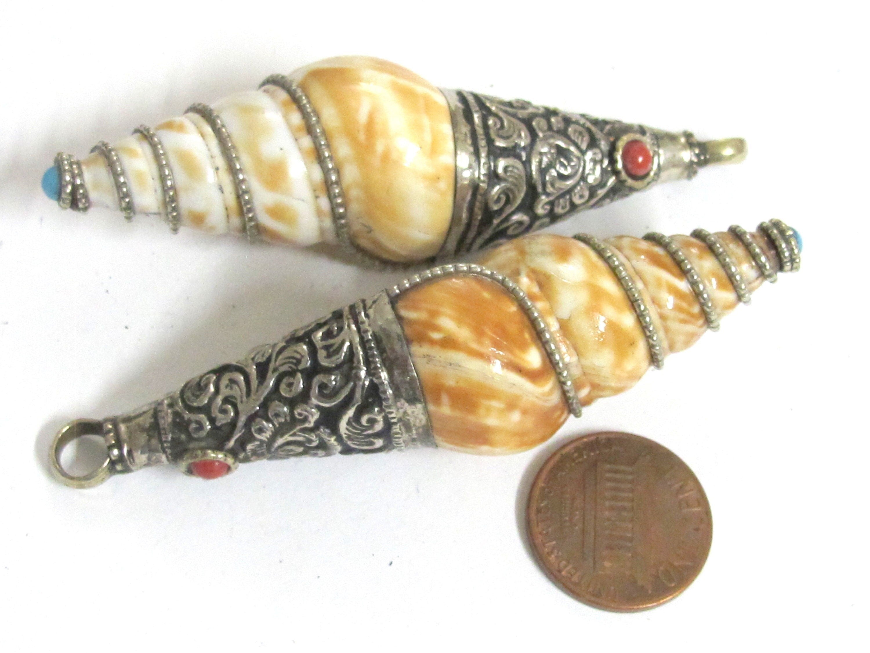 1 Pendant - Shell pendants Tibetan Nepal conical spiral shell pendant tibetan silver floral filigree wire capped bail shell pendant- SP066