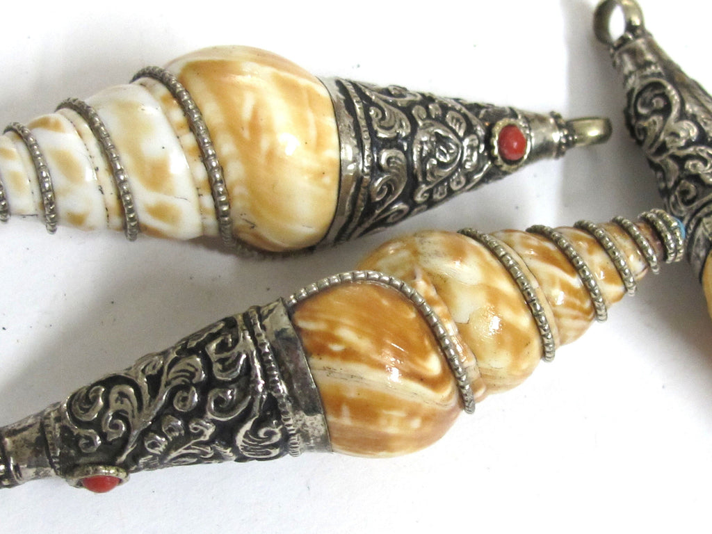 1 Pendant - Shell pendants Tibetan Nepal conical spiral shell pendant tibetan silver floral filigree wire capped bail shell pendant- SP066
