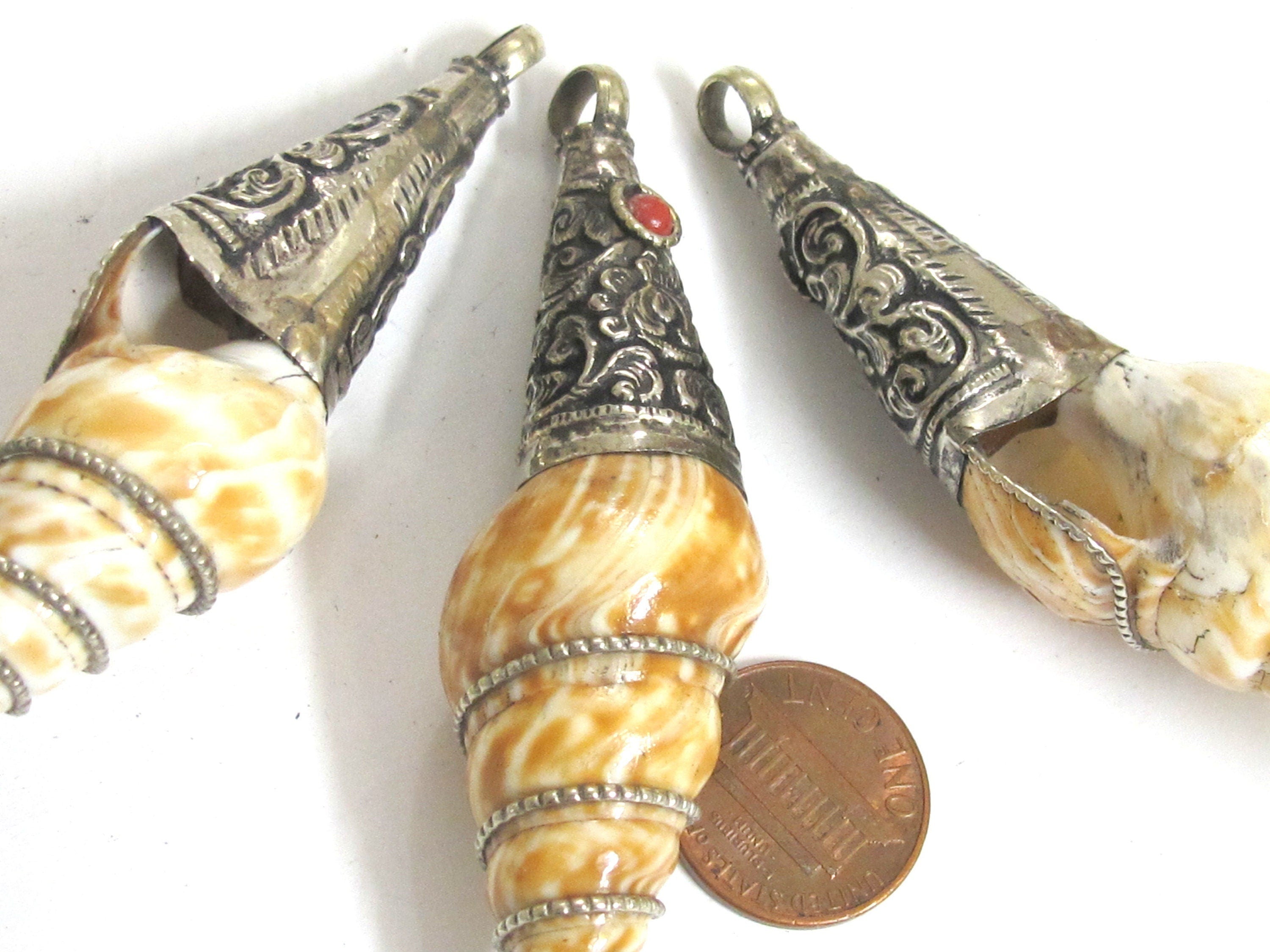 1 Pendant - Shell pendants Tibetan Nepal conical spiral shell pendant tibetan silver floral filigree wire capped bail shell pendant- SP066