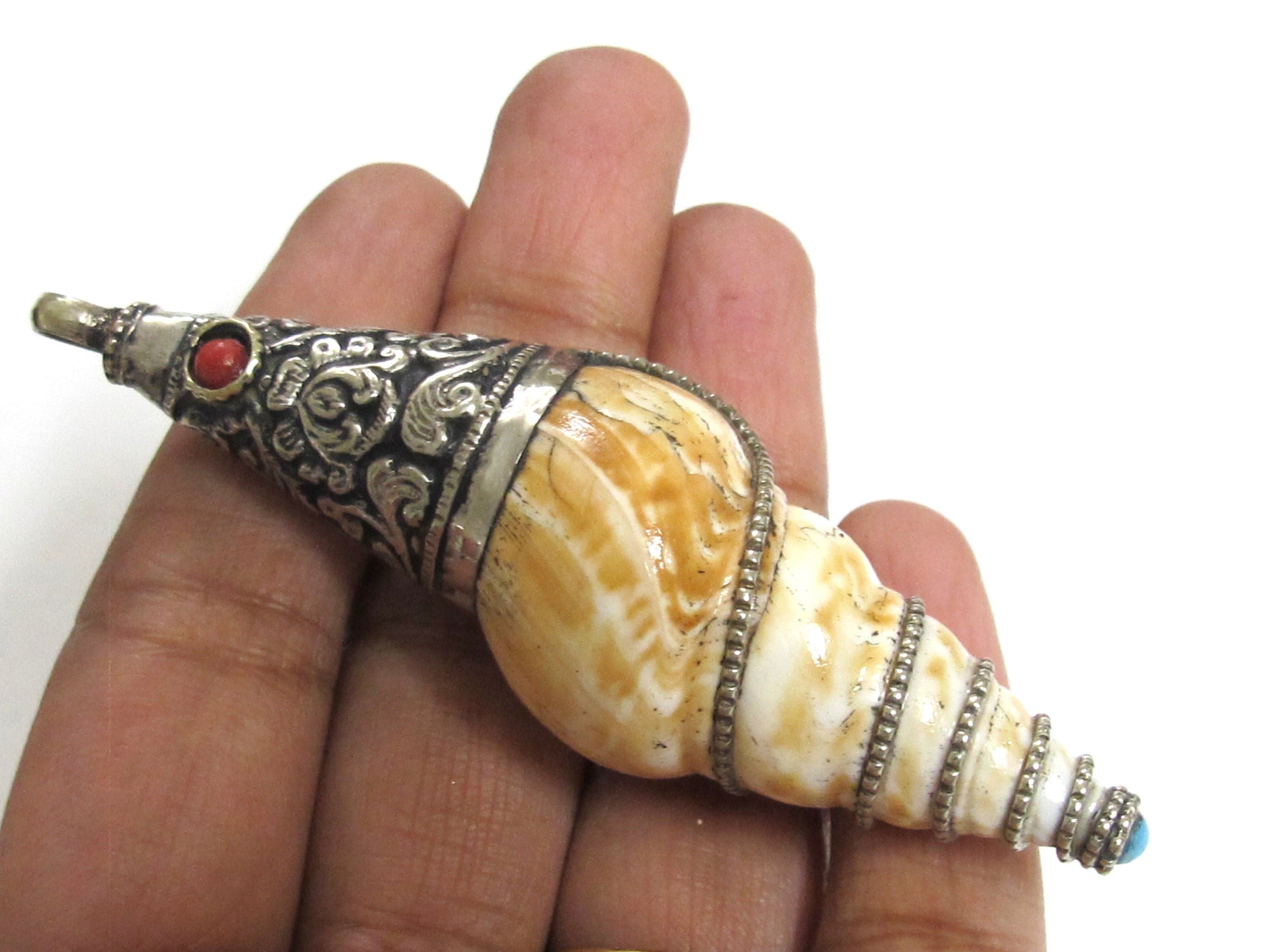 1 Pendant - Shell pendants Tibetan Nepal conical spiral shell pendant tibetan silver floral filigree wire capped bail shell pendant- SP066