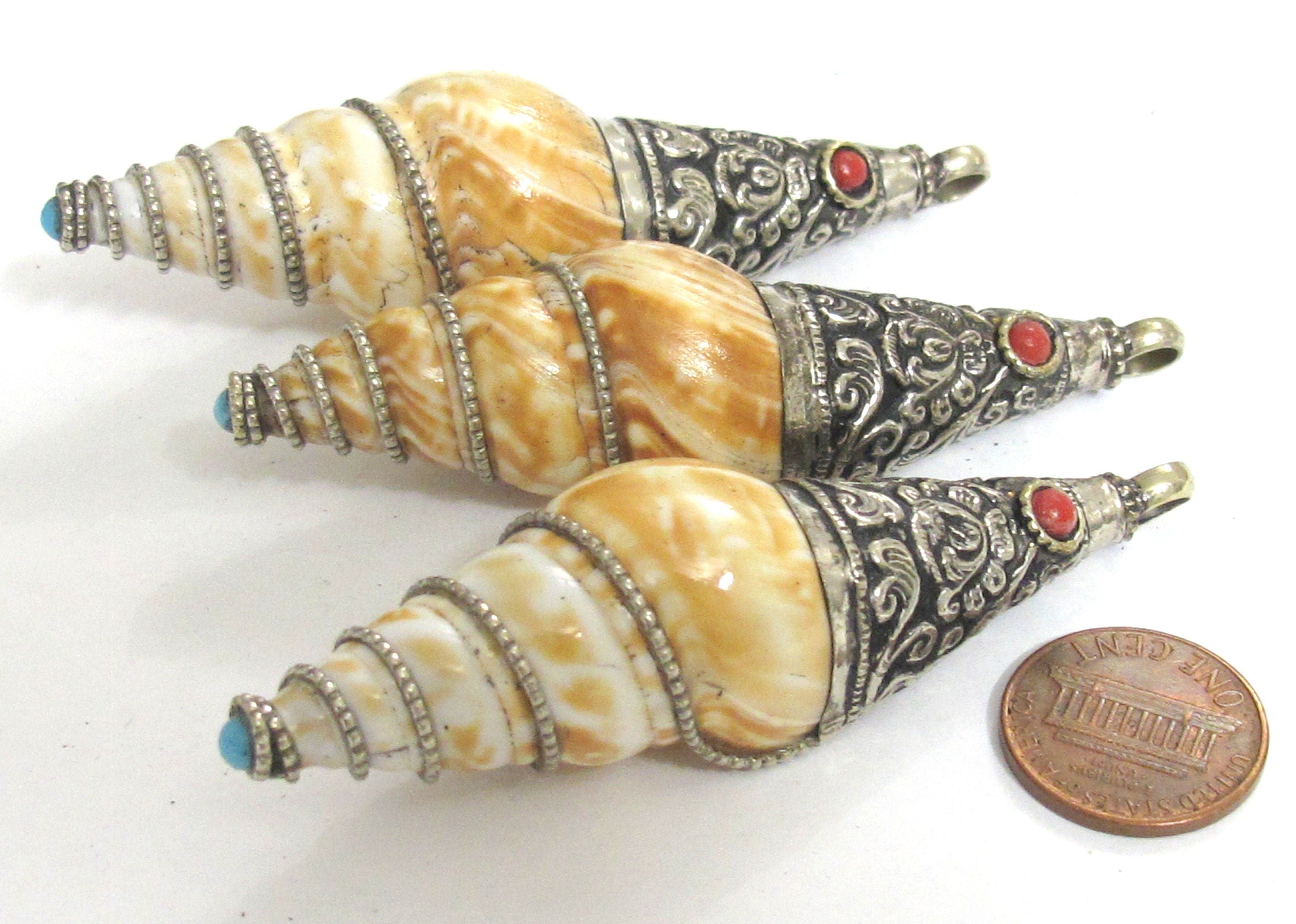 1 Pendant - Shell pendants Tibetan Nepal conical spiral shell pendant tibetan silver floral filigree wire capped bail shell pendant- SP066