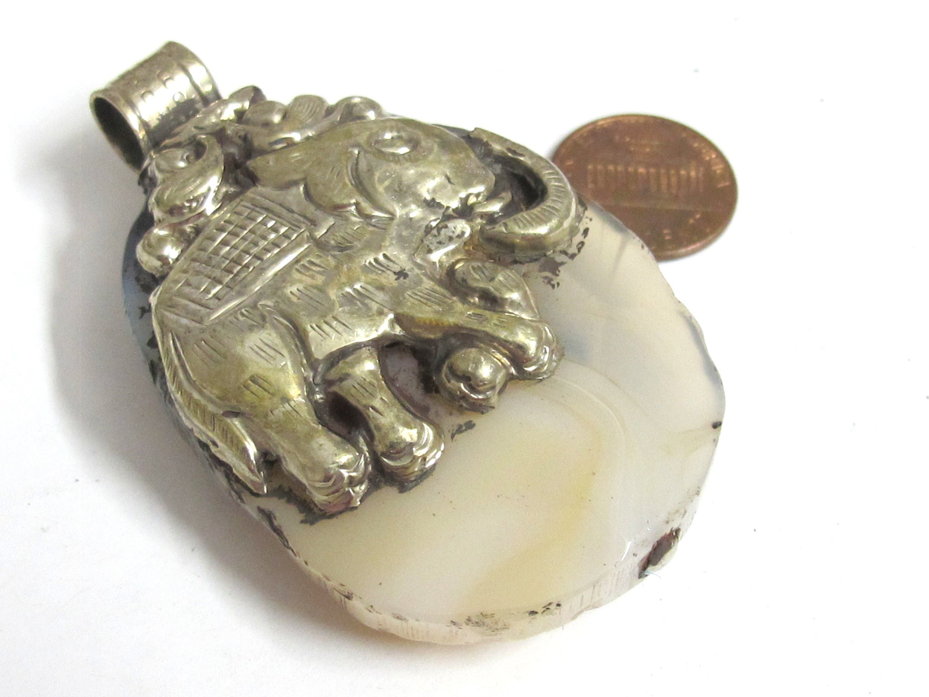 OOAK Tibetan pendant Beautiful freeform Tibetan druzy agate gemstone pendant with elephant Om reversible design Nepal pendant - PM206H