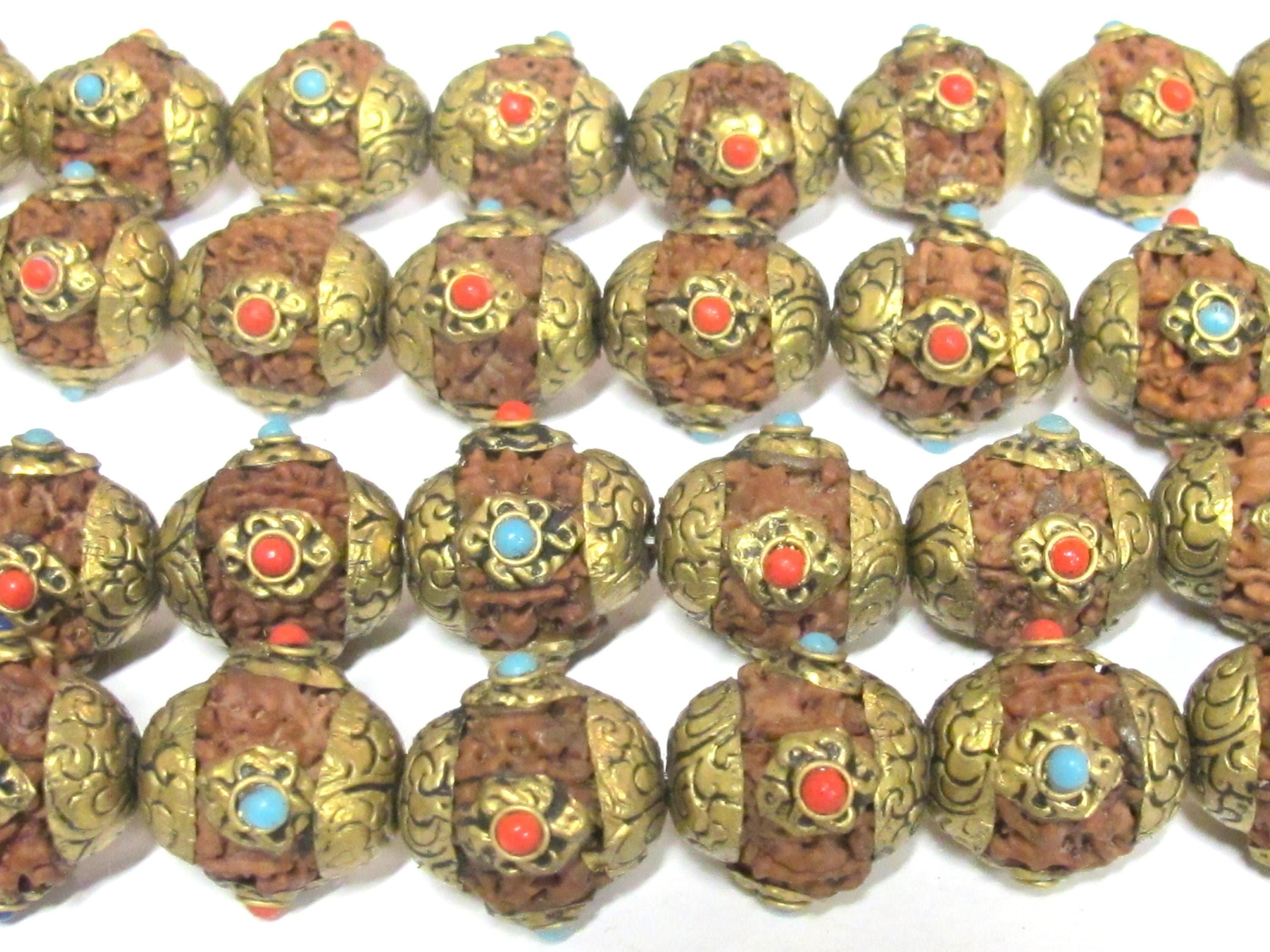 4 Beads - Large size Nepal Rudraksha beads with tibetan brass cap infinity knot design on beads mala making spacer supply - NB157