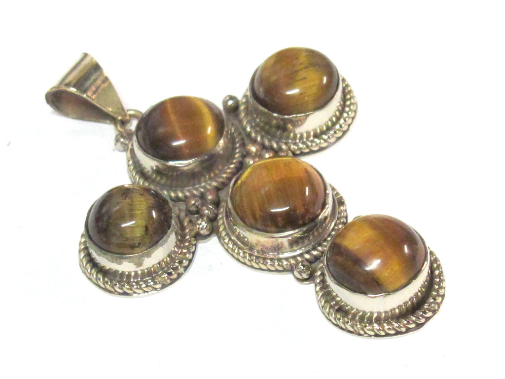 1 pendant - Tibetan antiqued silver tone finish tigers eye inlaid gemstone cross pendant Nepal - PM212D