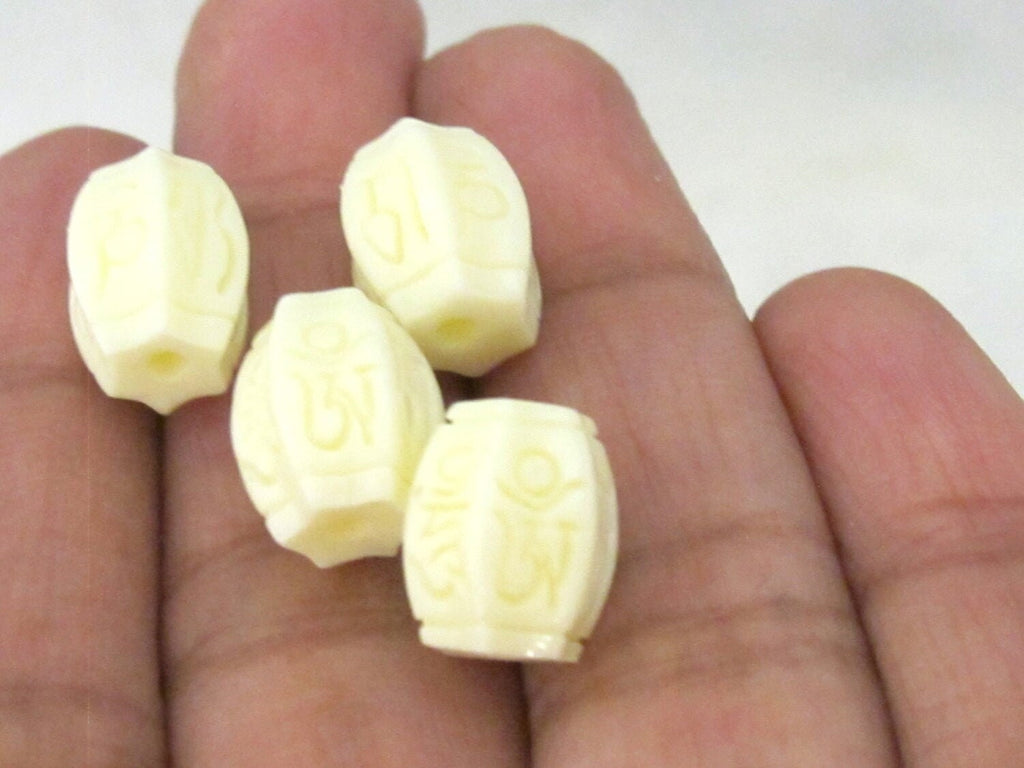 4 BEADS - Tibetan om mantra cream white color hexagon melon cut resin beads 12 mm x 10 mm - BD919