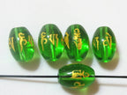 Bicone rice shape Tibetan om mantra etched green quartz beads 12 mm - 4 beads - GM257