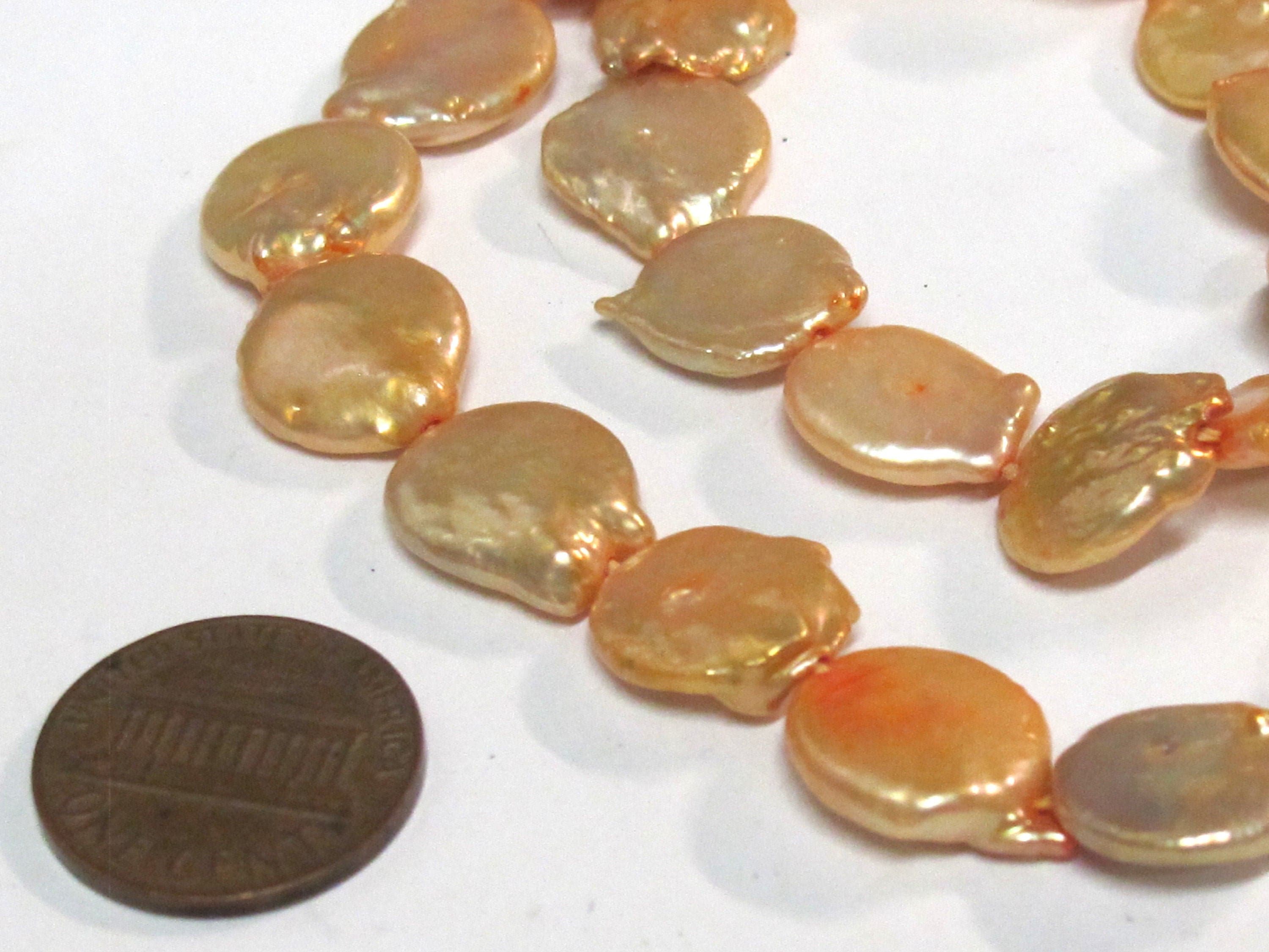 1 Full strand - Champagne color freshwater cultured pearl coin shape disc beads 12 -1 3 mm wide size 14 inches strand - PL038A