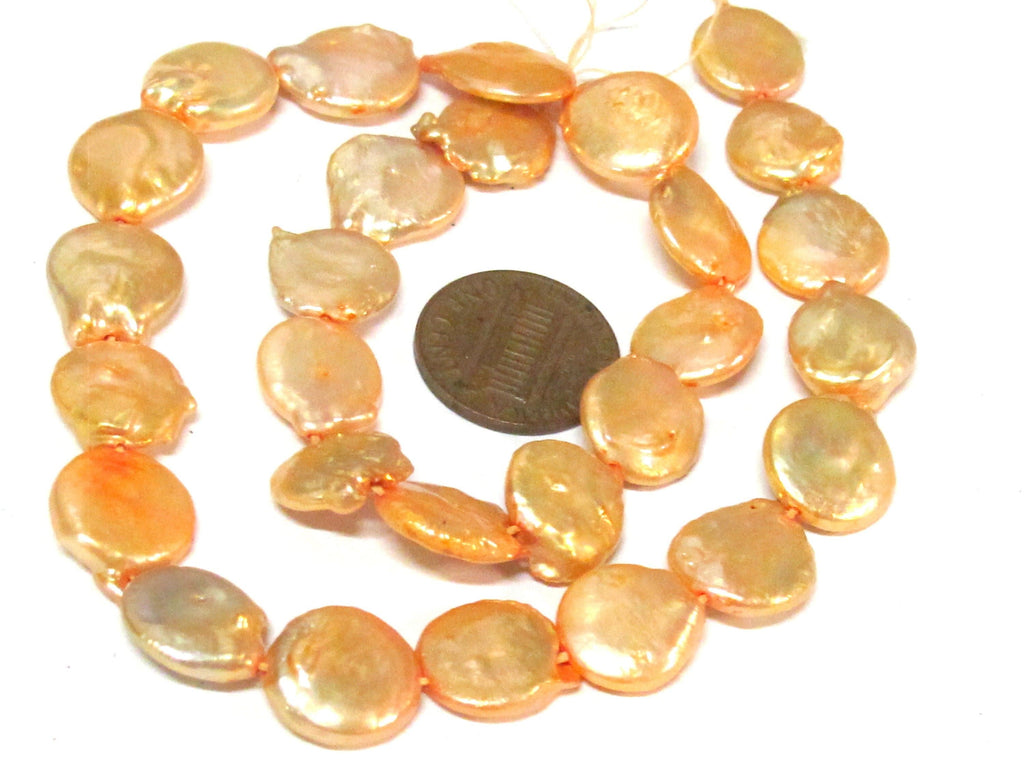 1 Full strand - Champagne color freshwater cultured pearl coin shape disc beads 12 -1 3 mm wide size 14 inches strand - PL038A