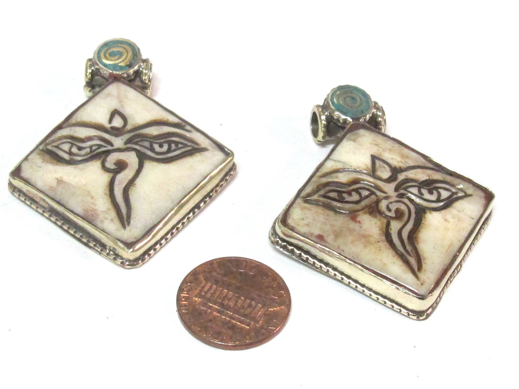 Ethnic Tibetan cream color carved recycled cattle bone Buddha eye symbol pendant - PM594B