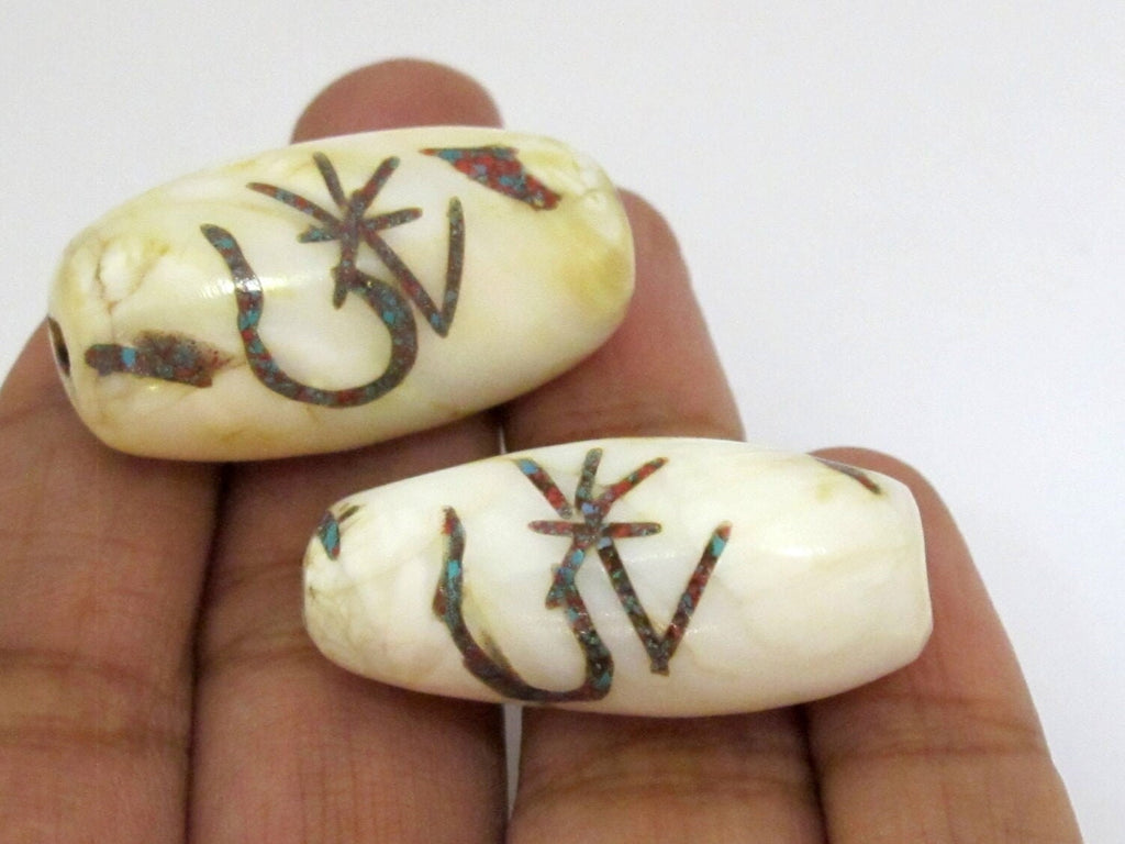 1 Bead - Large size Tibetan Om mantra turquoise inlaid naga conch shell beads - CH063