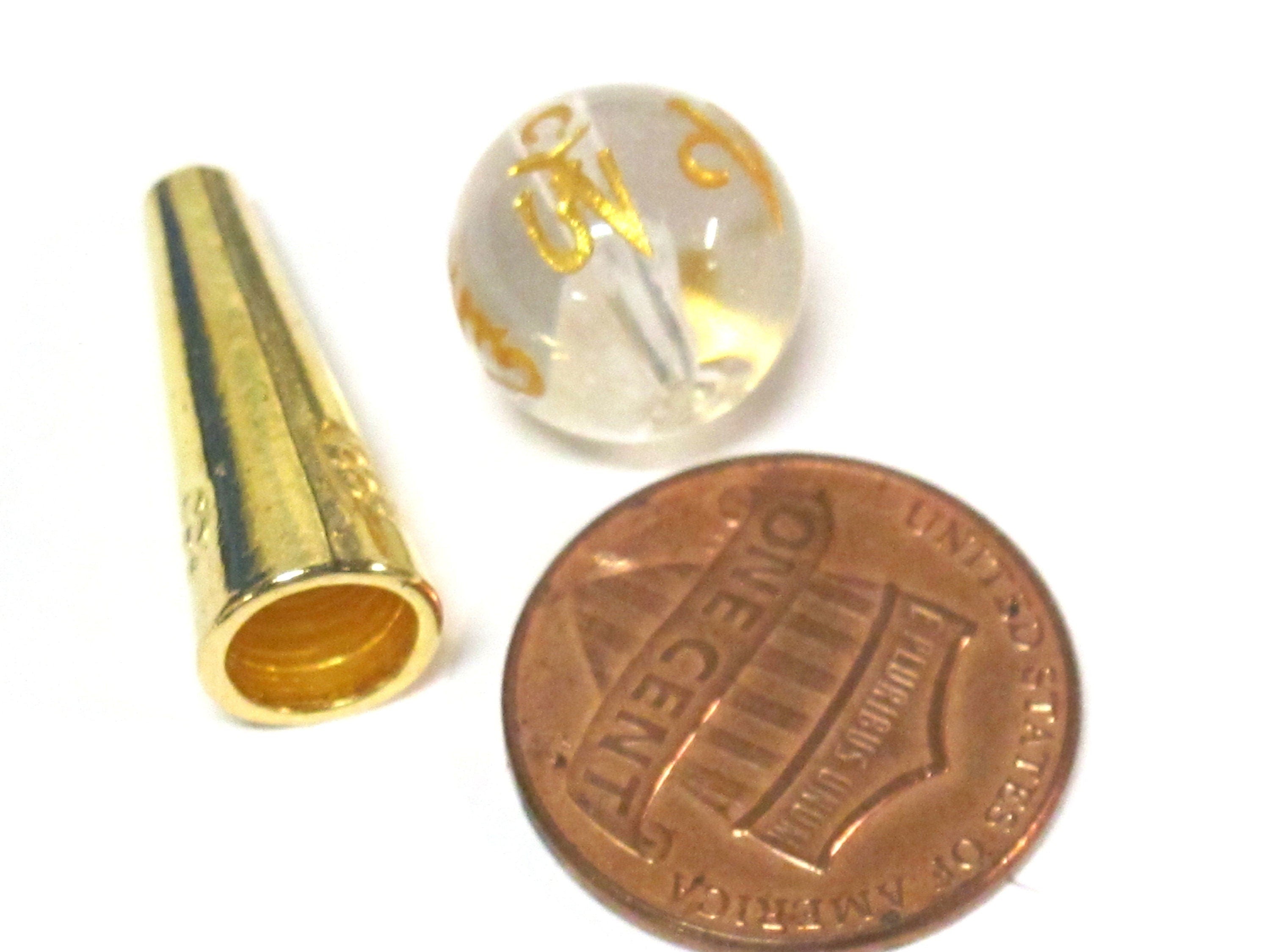 1 Guru Bead set - 12 mm size Tibetan om mantra etched clear white color synthetic quartz 3 hole Guru bead and gold color cone bead - GB068