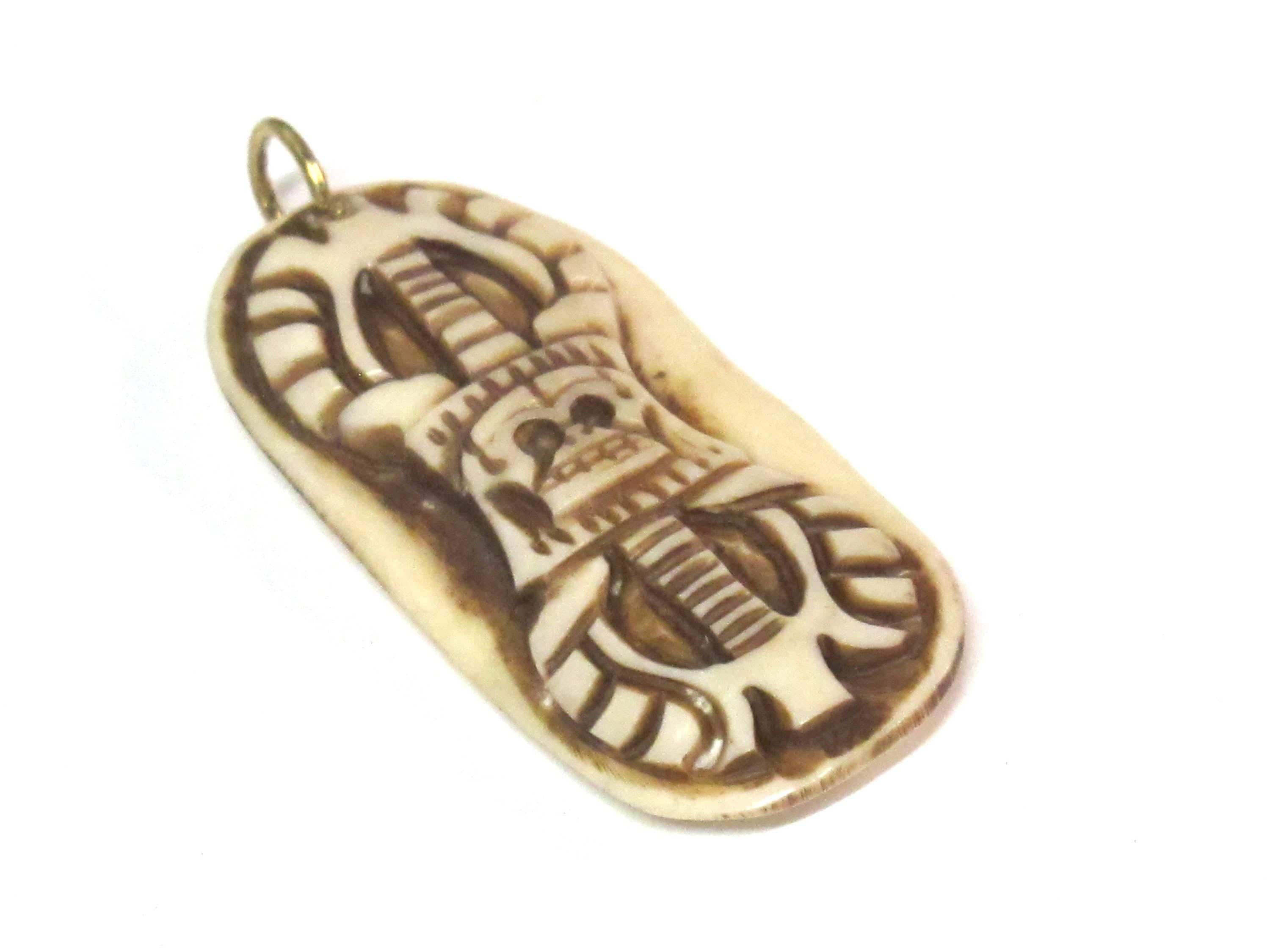1 Pendant - Tibetan dorje with skull design carved bar shape recycled cattle bone pendant from Nepal - PB115