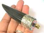 1 Pendant - Long tibetan silver capped tribal design buffalo horn pendant - PM532