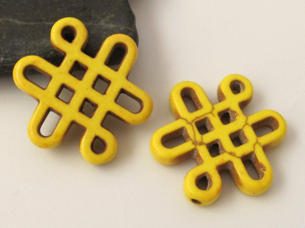 2 beads - Tibetan knot symbol magnesite beads - Yellow color - GM159