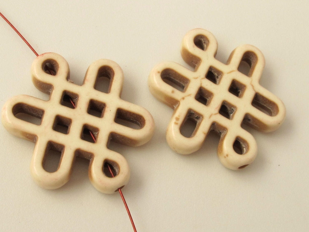 2 beads - Tibetan knot symbol magnesite beads - cream white color - GM157