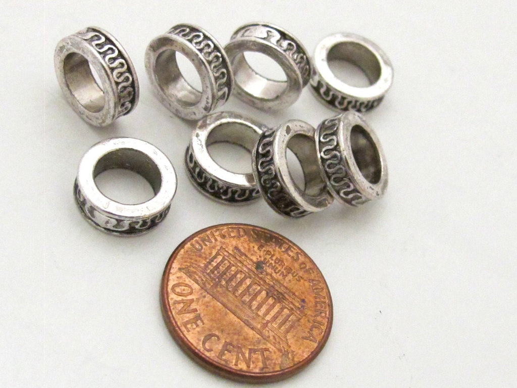 8 Beads - Antiqued silver tone metal alloy donut beads wavy design 11 mm wide x 4 mm - BD785