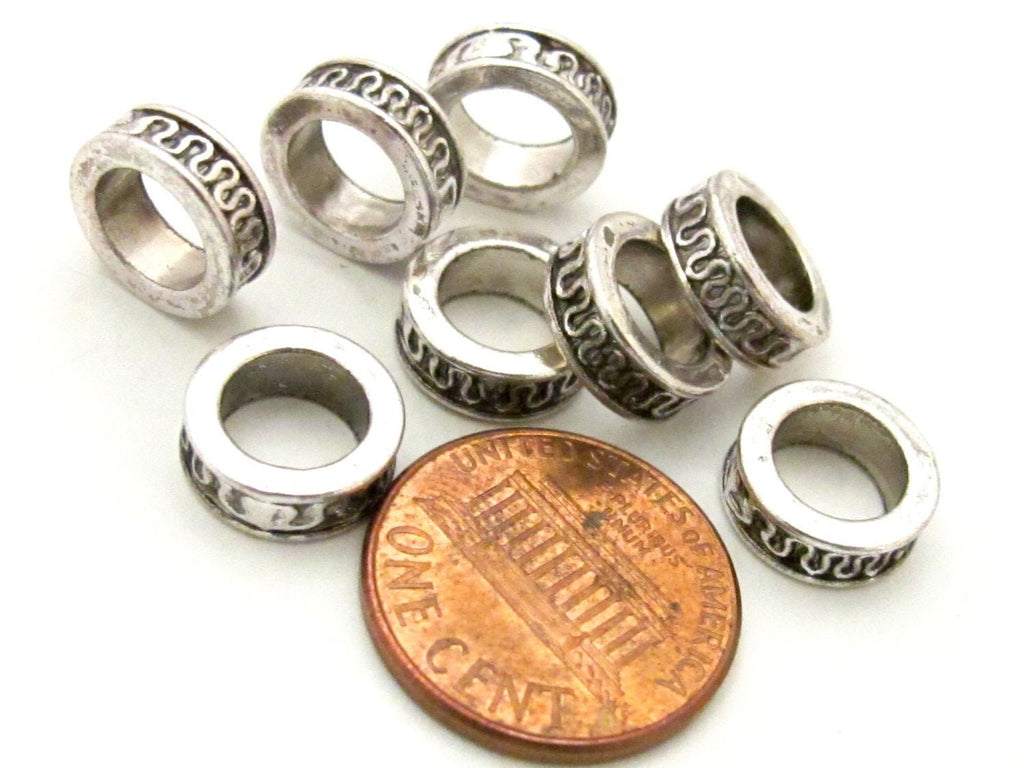 8 Beads - Antiqued silver tone metal alloy donut beads wavy design 11 mm wide x 4 mm - BD785