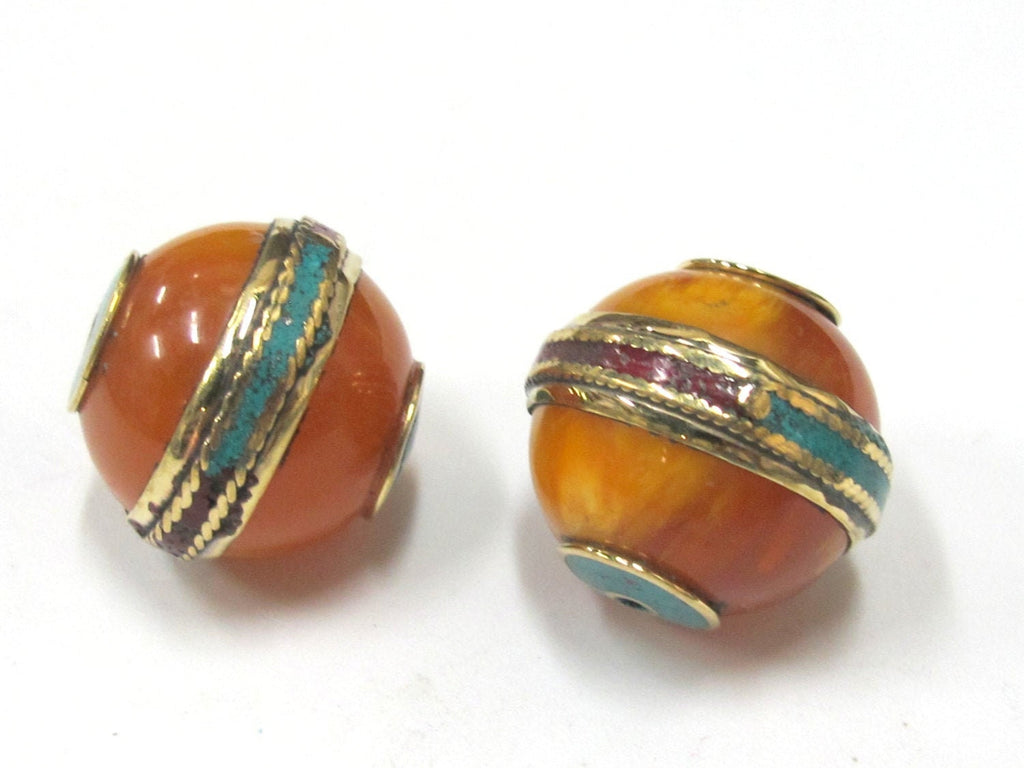 1 Bead - Large Tibetan copal Resin bead with brass band and turquoise and coral inlay - BD764