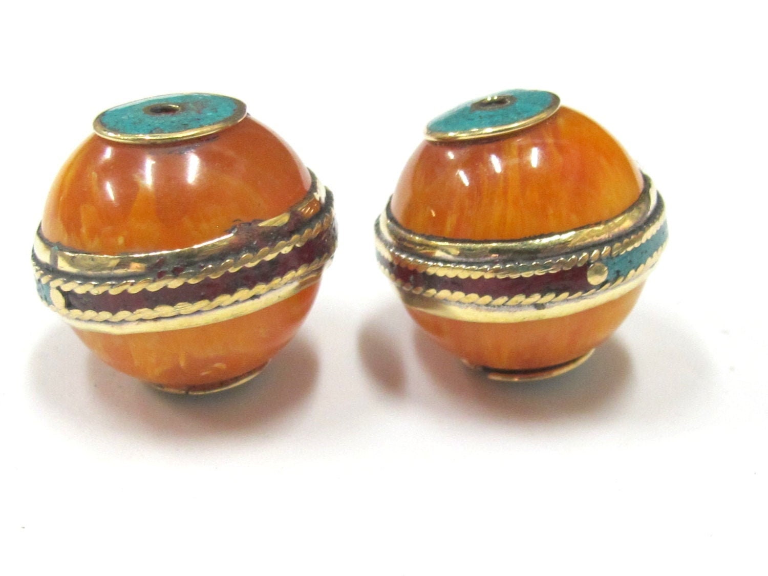 1 Bead - Large Tibetan copal Resin bead with brass band and turquoise and coral inlay - BD764