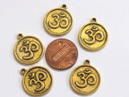 4 pieces - Antiqued gold tone yoga meditation om metal disc charms beads - BD329A