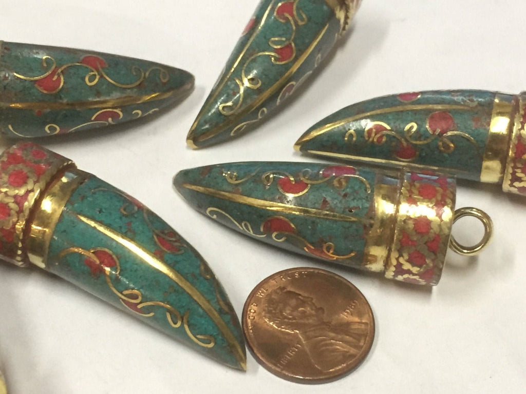 1 pendant - Tibetan brass tribal pendant floral design with turquoise inlay - PM405M