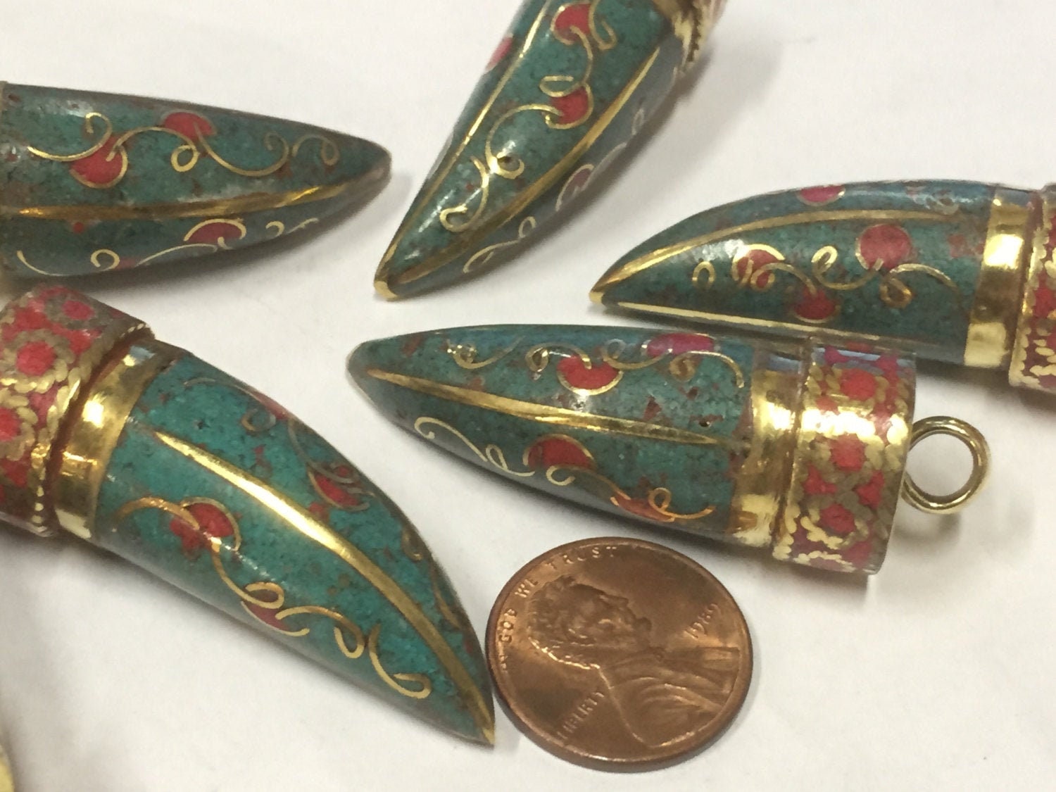 1 pendant - Tibetan brass tribal pendant floral design with turquoise inlay - PM405M