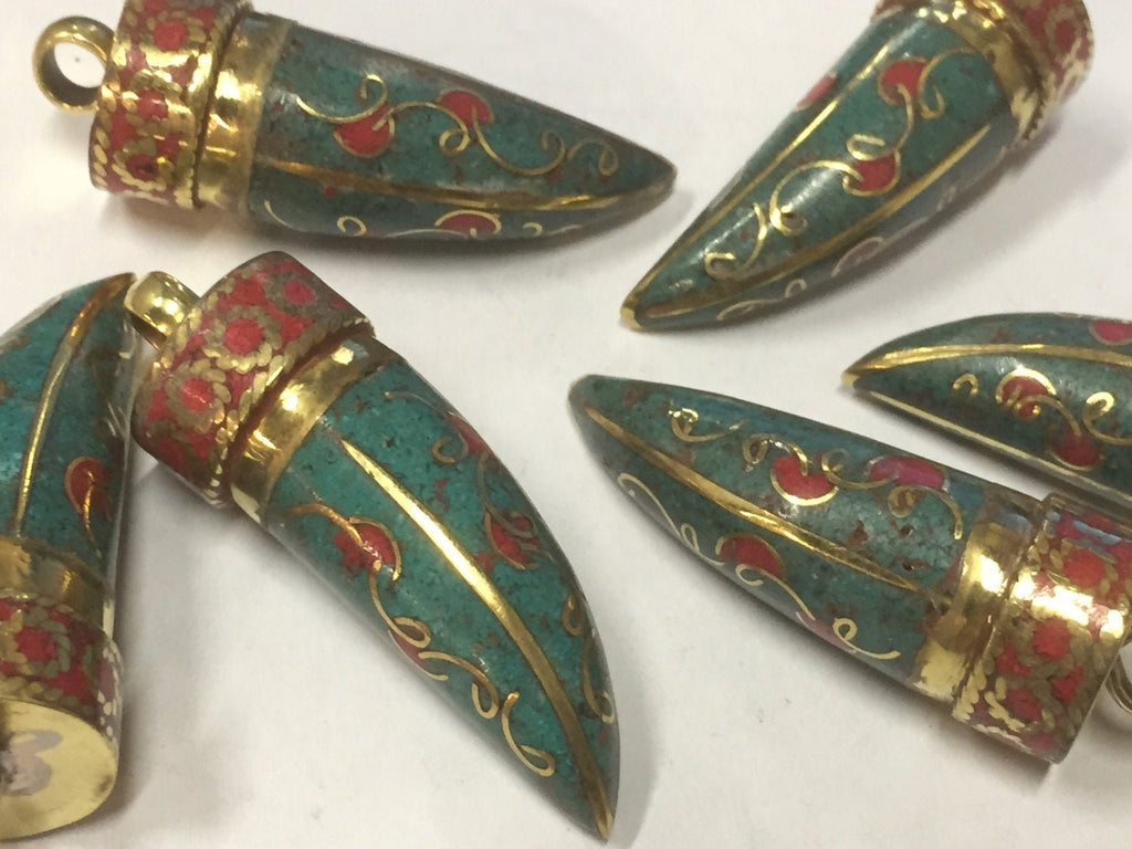 1 pendant - Tibetan brass tribal pendant floral design with turquoise inlay - PM405M