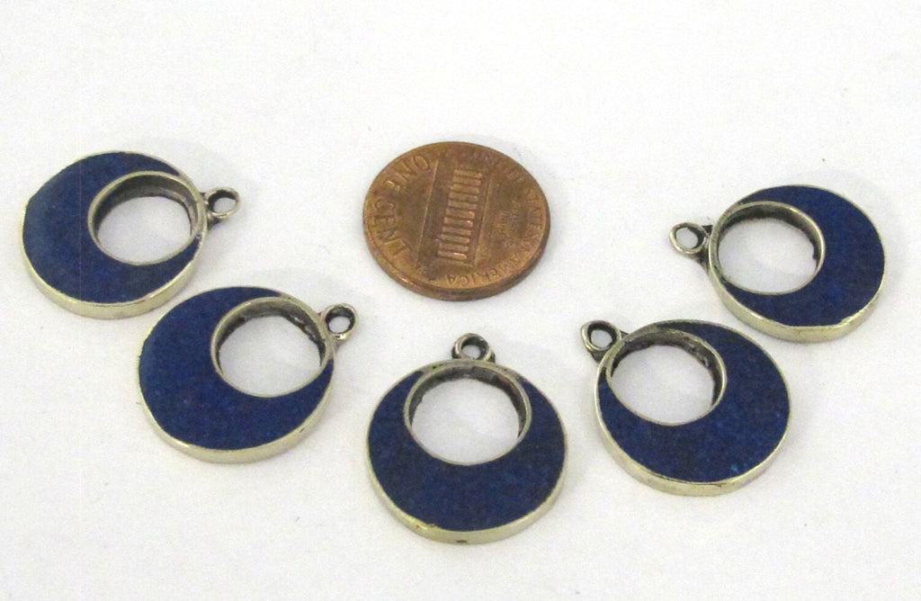 2 pieces - Tibetan silver color finish donut disc shape charm pendants with lapis inlay - PM512A