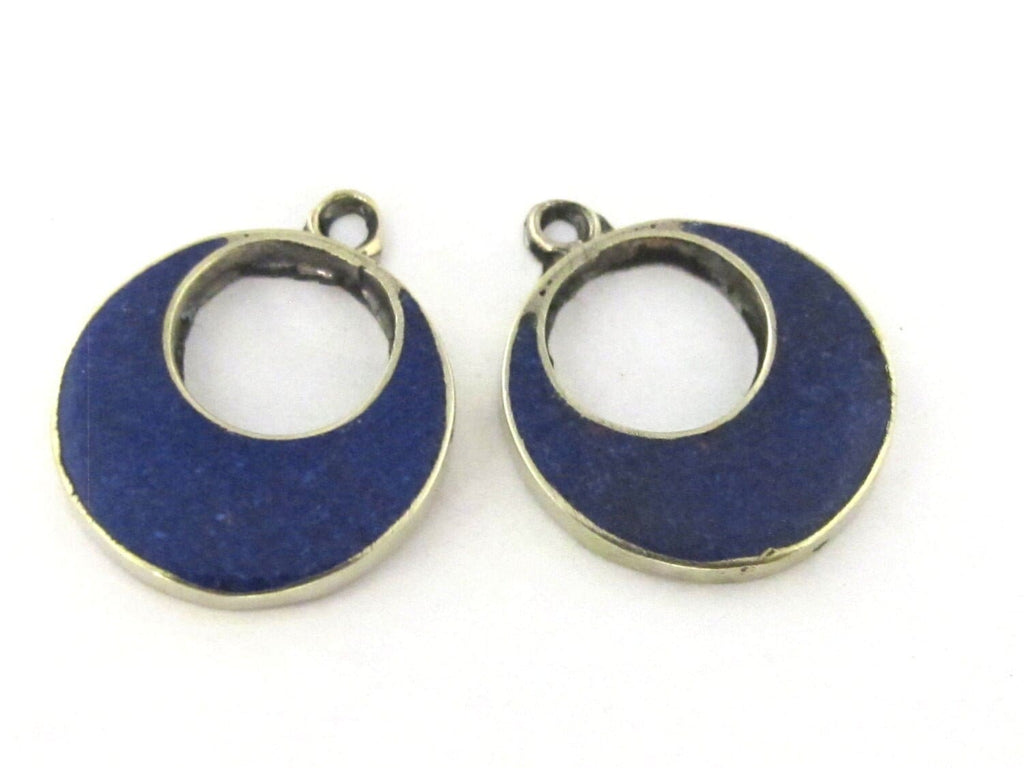 2 pieces - Tibetan silver color finish donut disc shape charm pendants with lapis inlay - PM512A